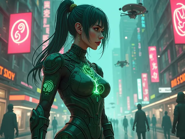 Create an ultra-detailed digital illustration of a female character in a futuristic cyberpunk world, Do you have to have a HackCaps energy capsule somewhere, in the dinner. The character must have an athletic and imposing design, with advanced technologica...