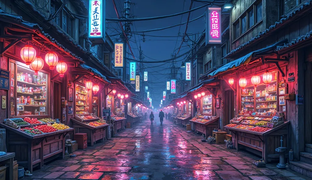  create an anime-style image using neon shades , from a single and small rustic Japanese market from the 80s, From the poor part of town,  without people.