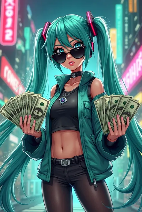 A female anime character inspired by Hatsune Miku with long turquoise hair, wearing a futuristic outfit and large sunglasses. She is holding stacks of dollar bills in both hands, with a confident and cool expression. The background is a vibrant, urban scen...