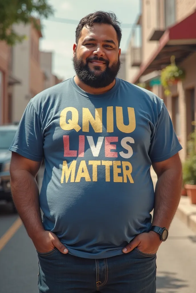 A fat boy named Ahmed Hashm whose 8 months pregnant and wearing a shirt that spells Qnuu Lives Matter