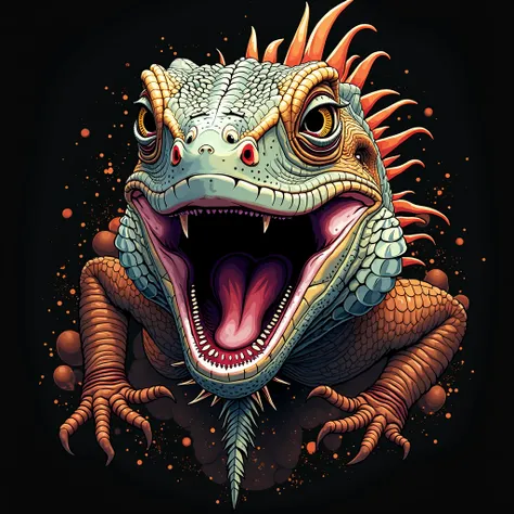 iguana illustration, iguana open the mouth as angry, hyper detailed, design for t-shirt, text "Iguana Lovers", A3 size, epic amazing atmosphere, isolated in black solid background, abstract style