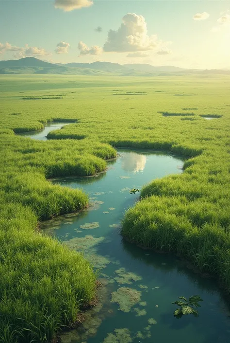 Wide open grassland with small ponds scattered across it