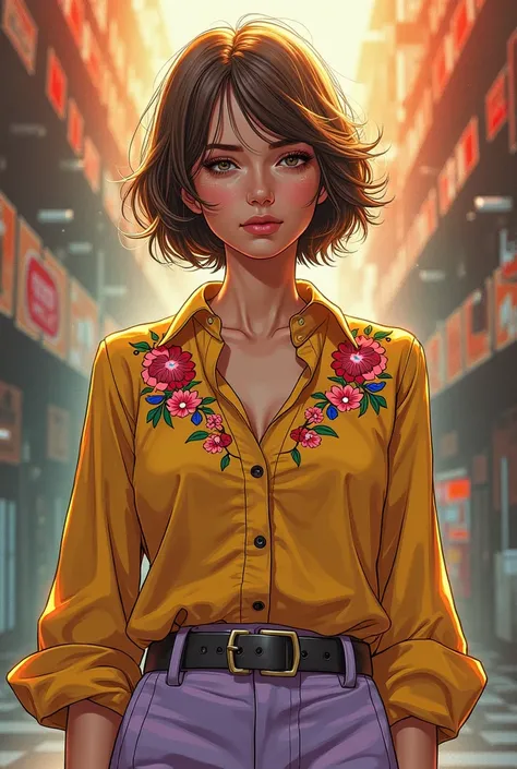 A stylized illustration in the style of a comic book, rendered with a painterly technique. Warm color palette dominated by gold, red, and blue, accented by muted oranges and browns in the background. Dramatic lighting illuminates a young woman with light-t...