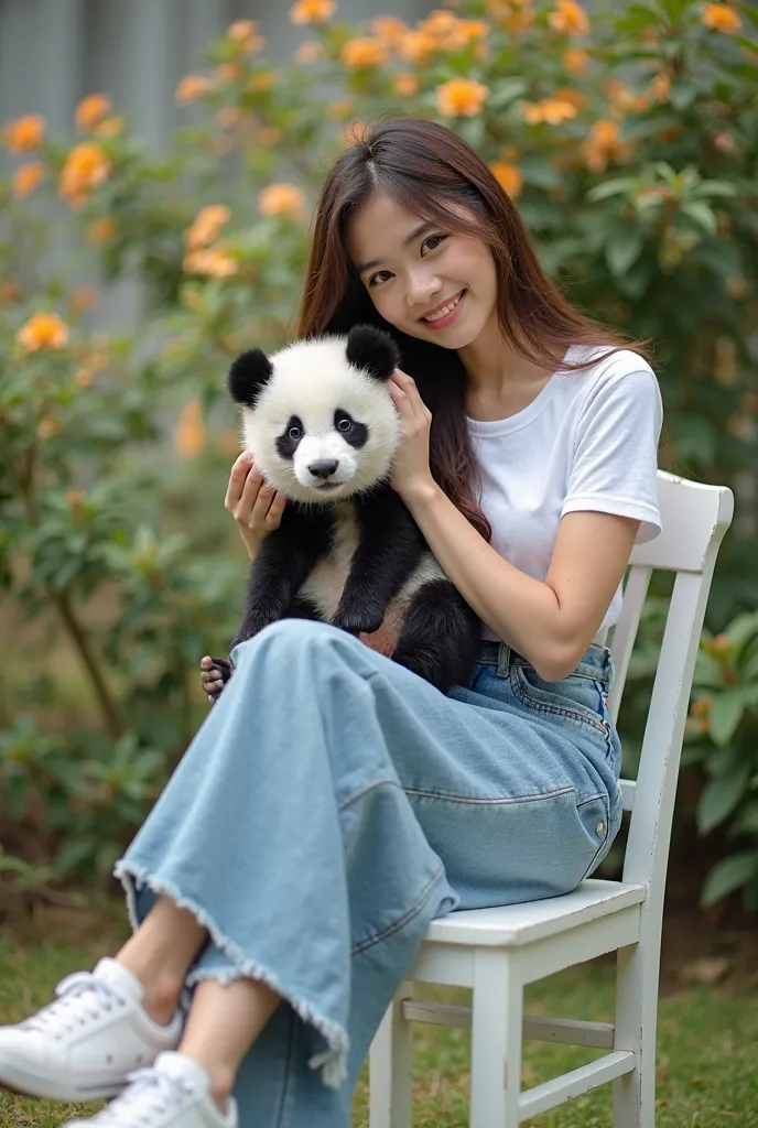 Beautiful Indonesian woman with long hair wearing white short sleeve t-shirt with makai long skirt jeans and makai sneakers sitting on white color chair and holding panda cub against flower garden background 4D photography