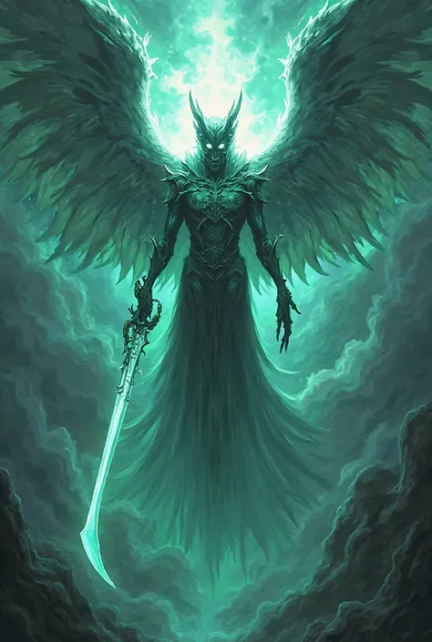 Create an image of an evil angel that shines with intense white and green and an anime-style scythe