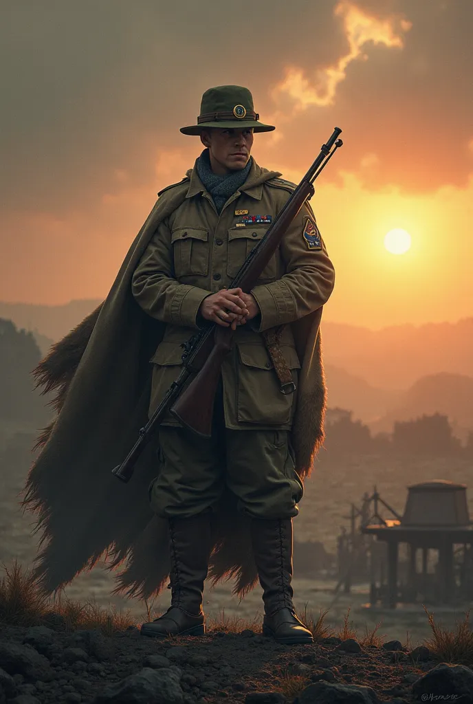 a 1942 British soldier dressed as a scout (With a cape) Standing with his gun , Looking at the horizon devastated by war , The ravages , Civil terror and bombings , During a sunset and a night 