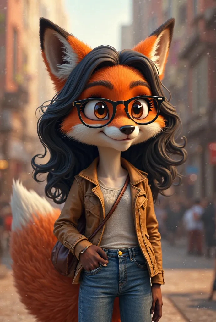 Furry fox in jeans, black curly hair below the shoulders,  brown eyes, with glasses
Type of animal 