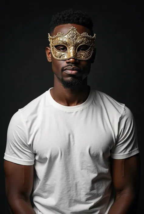 Black man wearing an intricate and elegant Venetian mask and a white t-shirt, centered on his face, displaying well-defined and highly masculine facial features. His posture is confident, with a neutral and captivating expression. Visible from the face to ...