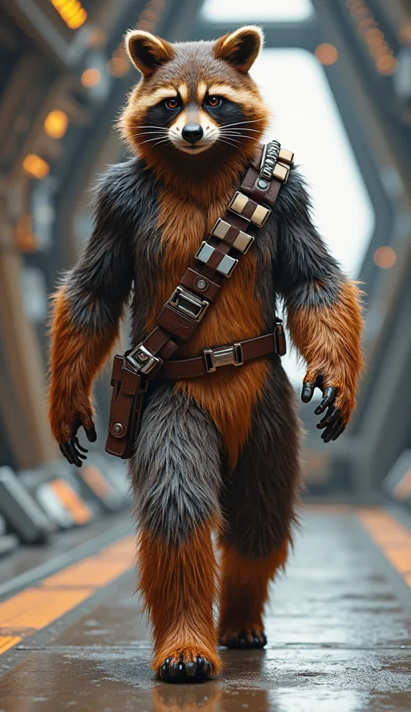 MARVEL Rocket Raccoon with his costume but looking like CHEWBACCA from STAR WARS walking toward the camera on a ship. 