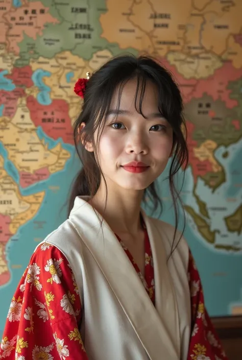 there is a woman that is posing for a picture in front of a map, a picture by Sengai, instagram, tachisme, Yoshitomo Nara, 19-year-old girl, she is about 1 ,  Chinese Yuan Festival, Chiho, she is about 2 0 years old