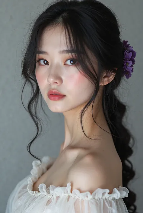 Hair 60% black and 40% white, Chinese with *white skin*, extremely beautiful, pink lips, *violet eyes*.