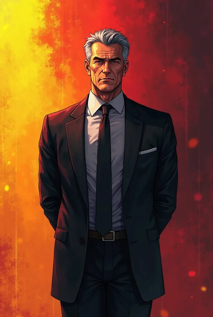 Create an anime cover with, in a suit with a red and yellow background on which a 35-year-old man is standing,  in a black suit ,  with her hands behind her back 