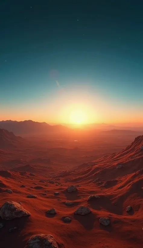 "A panoramic view of Mars during sunset, showcasing the contrast between the red terrain and the blue sky, with distant mountains and a faint, The sky transitions from a deep blue near the Sun to a darker shade further up near the horizon."