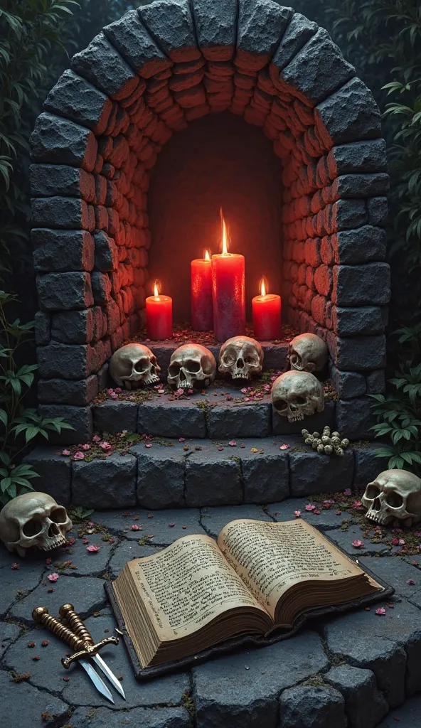 The Secret Altar
"At the end of the path, a black stone altar with red candles and human skulls. An ancient book lies open, its inscriptions glowing in an archaic language. A ceremonial dagger lies nearby." in quality 16k