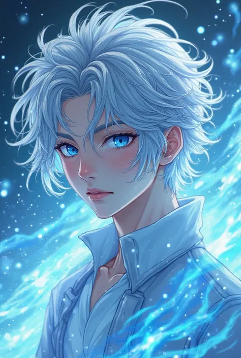 Boy anime character,   with white hair, long hair,  blue eyes, Magic energy around.