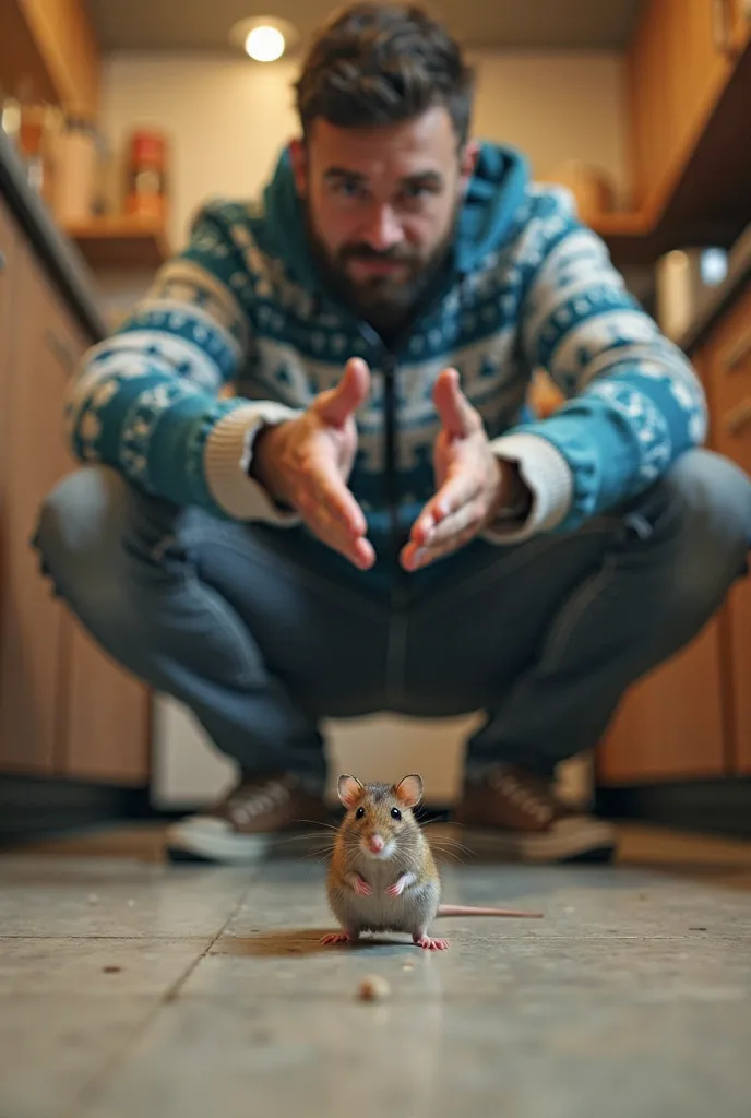 restaurant kitchen. dead mouse on the floor. next to a frightened woman points her hands at the mouse. medium-sized man in grey jeans and a blue and white jacket with a reindeer pattern. a man is squatting in front of a mouse.