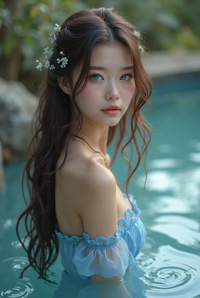  A beautiful girl with long wavy hair, Wearing a dress with blue eyes, the skin softens by the pool 