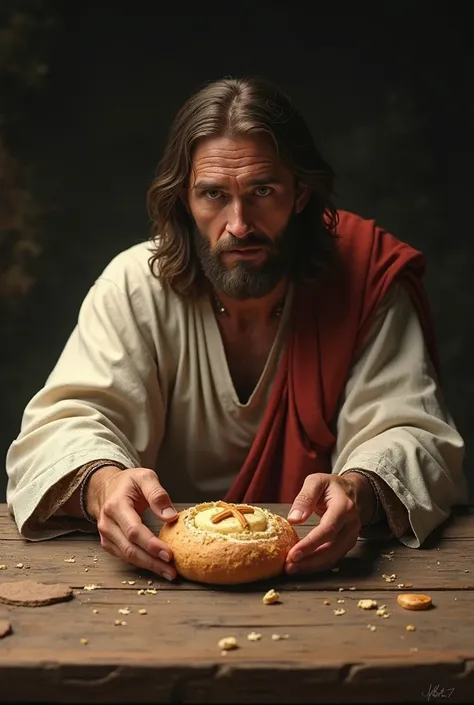 Make a super realistic image in the style of Jesus, taking the bread and on the table, rustic table, looking like his hands taking the bread in motion POV point of view text