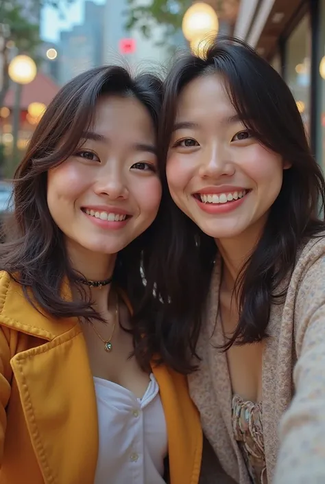 Two girls take selfies together and smile(Asian girls)