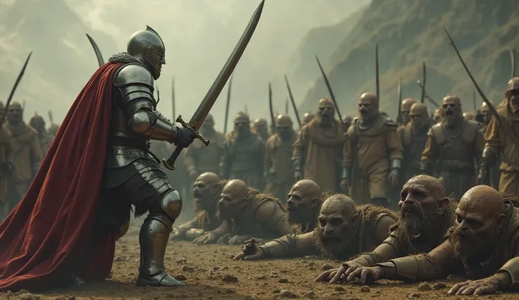 The camera shows how a knight in heavy shining armor fights off a crowd of orcs with a big sword. Several orcs are already dead lying side by side on earth. The others are very scared. Cinematic, fantasy.