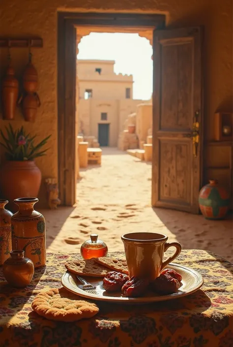 "A cozy breakfast scene in Ancient Egypt. A person holds a smoldering ceramic mug while enjoying a plate Rustic with flat breads, dates and a jar of honey. The meal takes place in the shade of the house, with wooden doors open to an Egyptian village bathed...