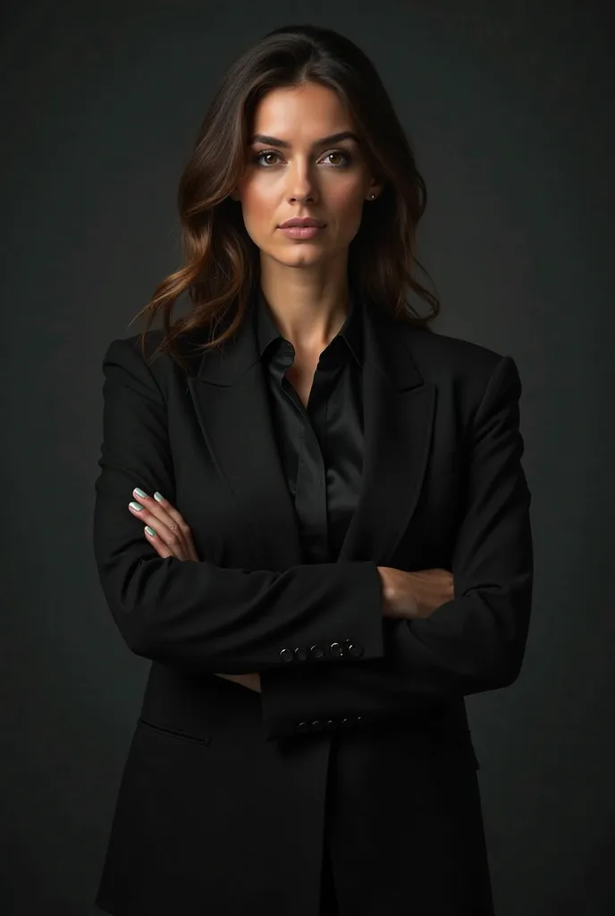 Create an image of a powerful entrepreneurial woman with fine features and an imposing presence. She has a determined expression and is dressed elegantly, modern and elegant business clothes. The background is dark and melancholic, with subtle lighting hig...