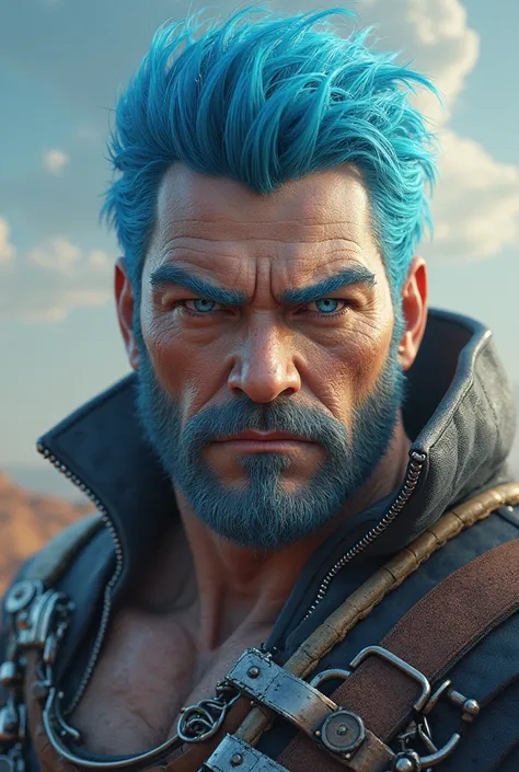 A big, stocky man , sky blue hair with a face would be ,  with blue eyes 