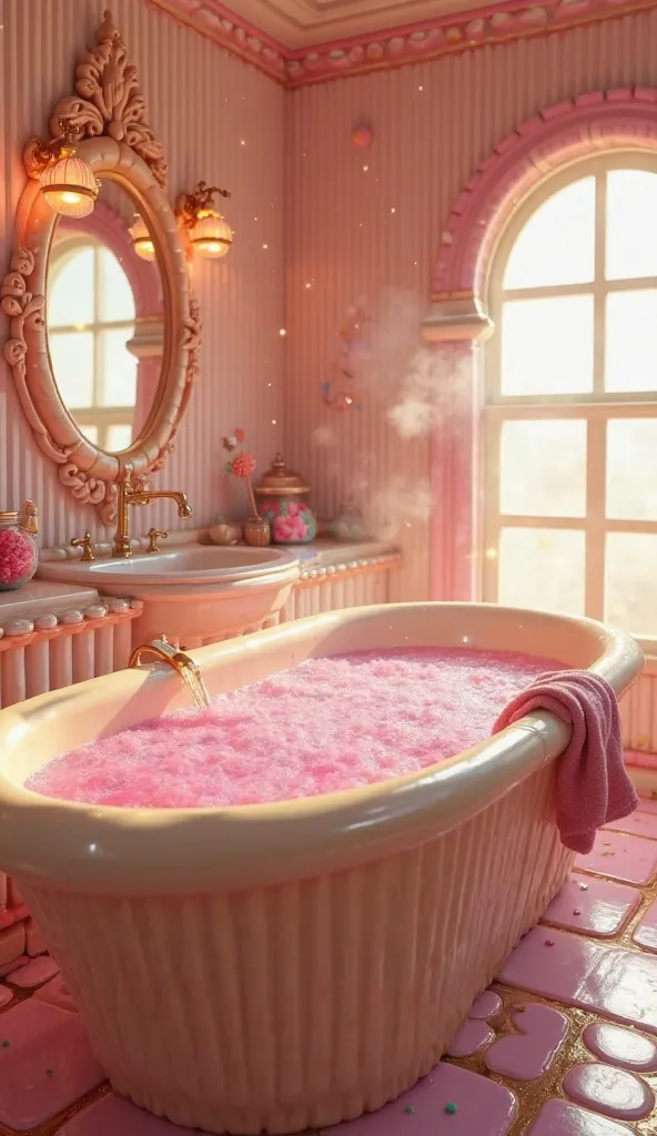 *"I’m relaxing in a large, candy-themed bathtub filled with warm, sparkling pink liquid that smells like strawberries and vanilla. The tub itself is made of glossy white chocolate with caramel swirls along the edges, its smooth surface gleaming under the s...