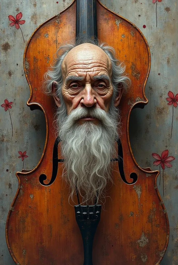 Imagine full figure from scroll to spike of a cello. An old, weathered wizard's face with deeply etched wrinkles and facial features is embedded in a cello. Fine brush strokes or digital textures accentuate the weathered, wrinkled features of the wizard. E...