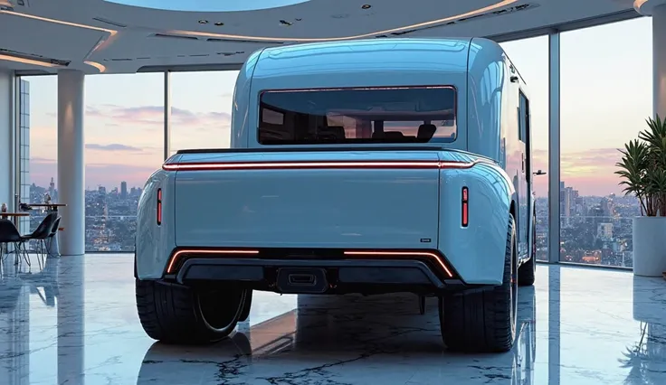 "Rear view of the 2026 GMC Motorhome Truck in a sleek light blue color, displayed in a luxury showroom. This futuristic truck-motorhome hybrid features a bold, aerodynamic rear design, with sleek LED taillights stretching across the width, a reinforced bum...