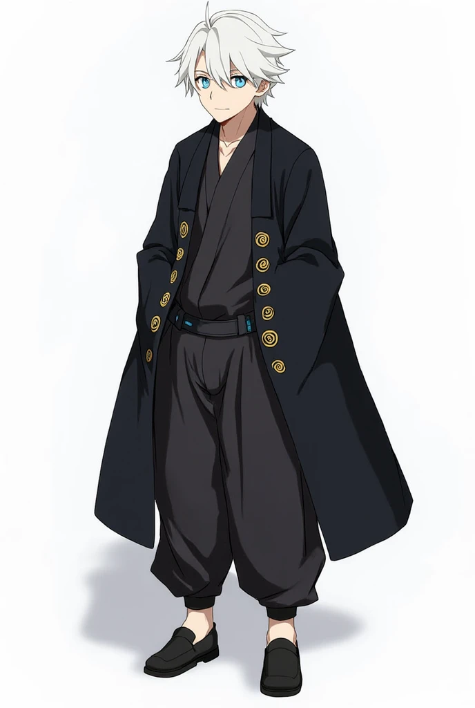 Short, Fluffy Snow-White hair,
Diamond Blue eyes. Adult.

He is wearing a:
Black Longcoat,
A Black Shirt Jujutsu Uniform with Golden Spiral Buttons at the right side,
Black baggy pants,
and black shoes.