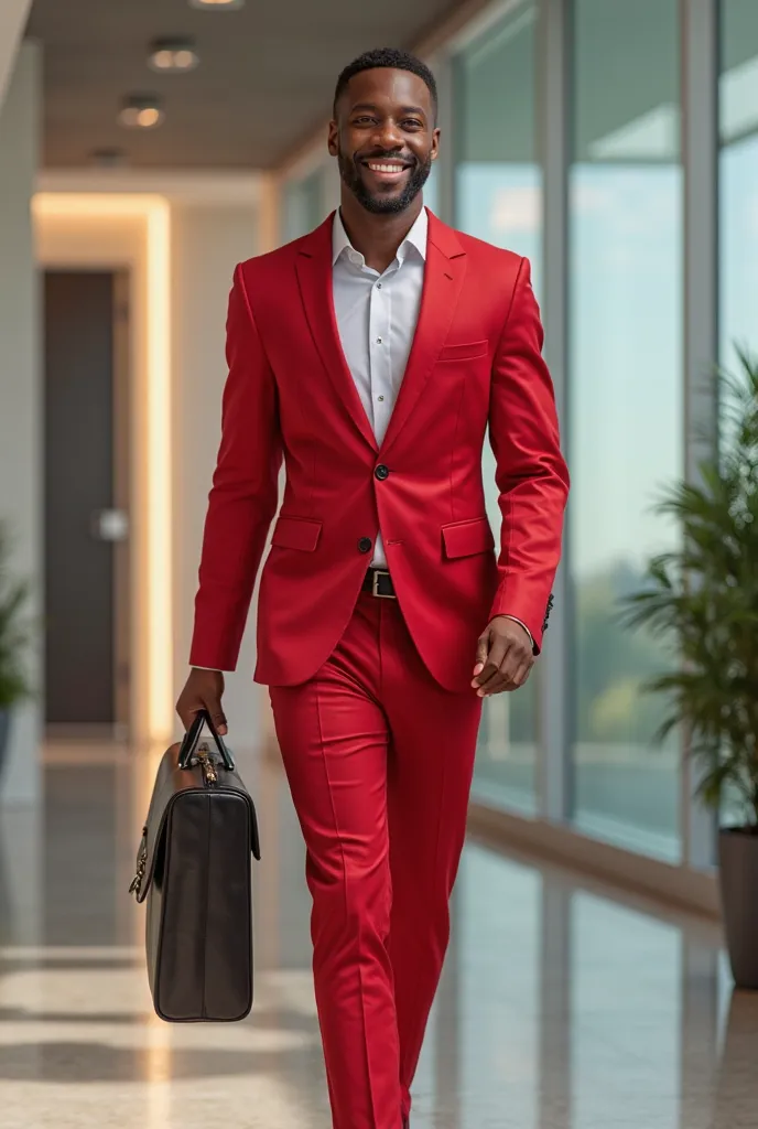 smiling black male intern carrying a briefcase with red suit