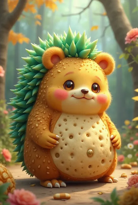 A fusion between a cookie,a green hedgehog and a yellow bear 