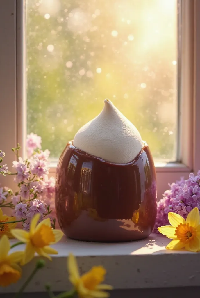 Photo marshmallow in chocolate, against the background of the window and spring flowers