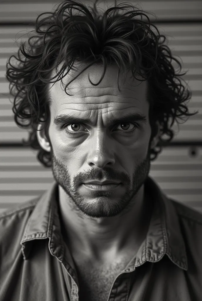 "Ted Bundy's mugshot, intense gaze, black and white photo, vintage 1970s style, realistic details, 4K resolution."