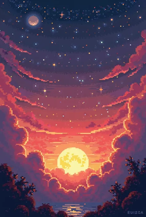 Make a starry sky at sunset with an 8-bit full moon