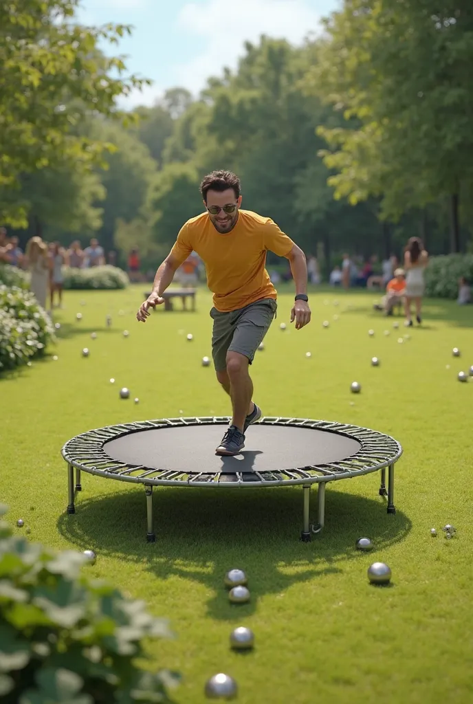  A person playing petanque while on a trampoline on a green ground but playing outside