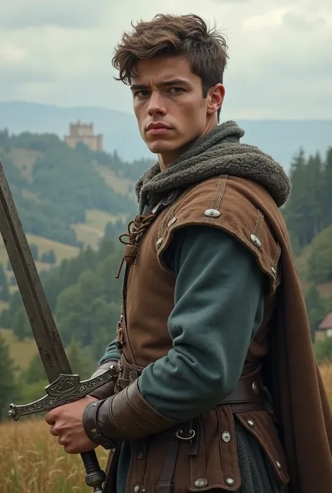 18-year-old boy in the middle ages with a sword ready to go to combat 