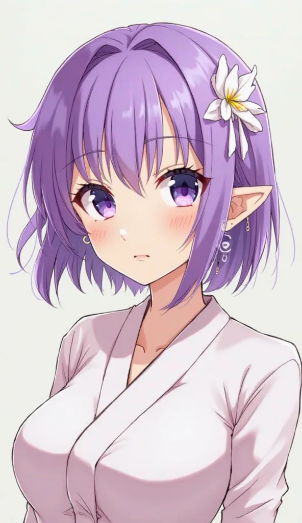 1 , better quality, tall details,  short hair, Fringe between the eyes, purple hair, breasts,  pointed ears,  Half Moon Earrings ,  mouth shut, Rice,  purple eyes, simple bottom,  hair flower , anime, anime style, 