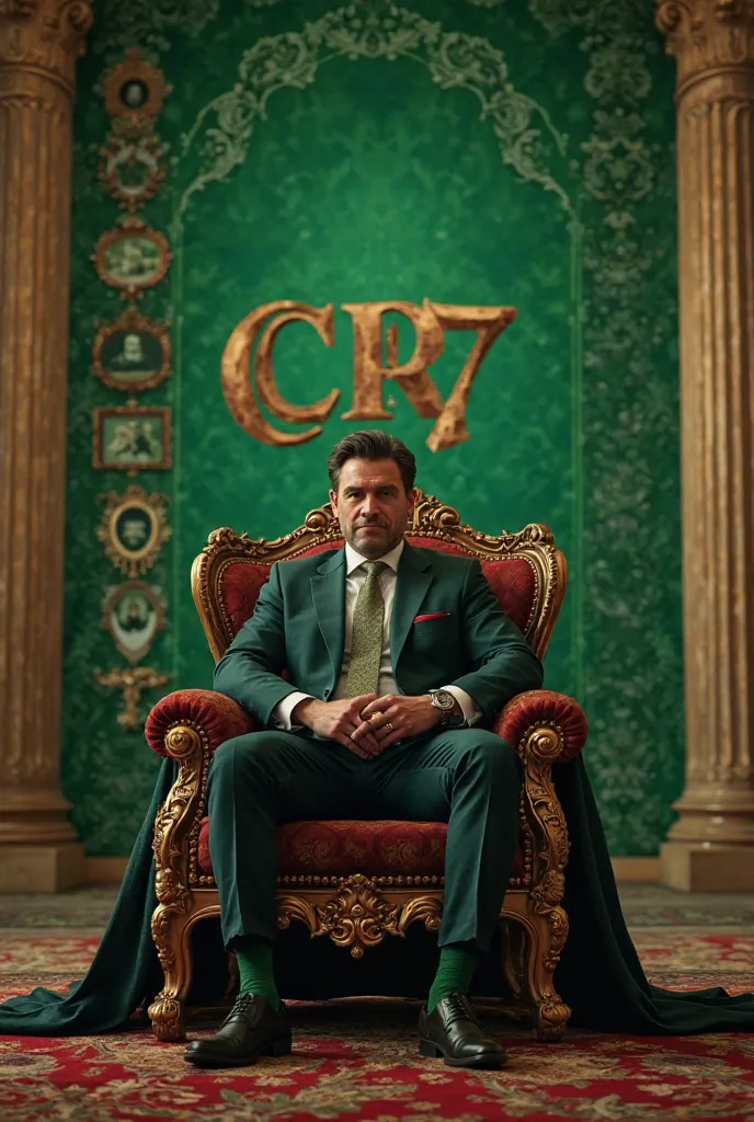 A picture of a man sitting on a royal chair in a luxurious palace. The picture is distinctive in its green colors behind it. There is a 3D text CR7 that looks old and a side wall has five highlighted pictures 