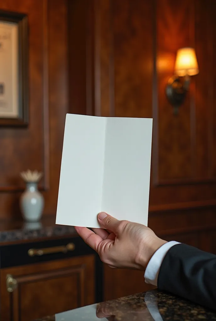 A close-up shot of a well-groomed hand holding a white texture peice of paper a5 size, out stretched over a hotel concierge front counter. The art deco mahogany paneled walls in the background add an elegant atmosphere, while the warm tones of the paper cr...