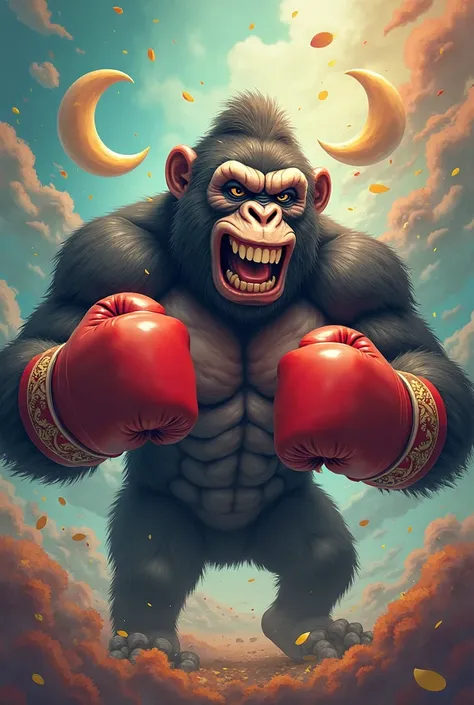 Happy gorilla holding a crescent With boxing gloves on the hands 