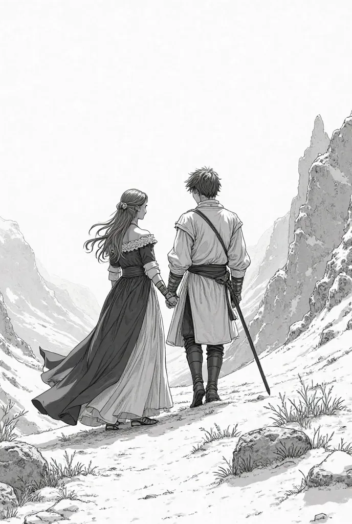 Créer moi une image manga en noir et blanc aux graphismes shonen à partir de cette description : une jeune femme et un jeune homme possédant une tenue noble des années 1800 venant de France, traversent traverse de stériles campagnes avec quelques montagnes...