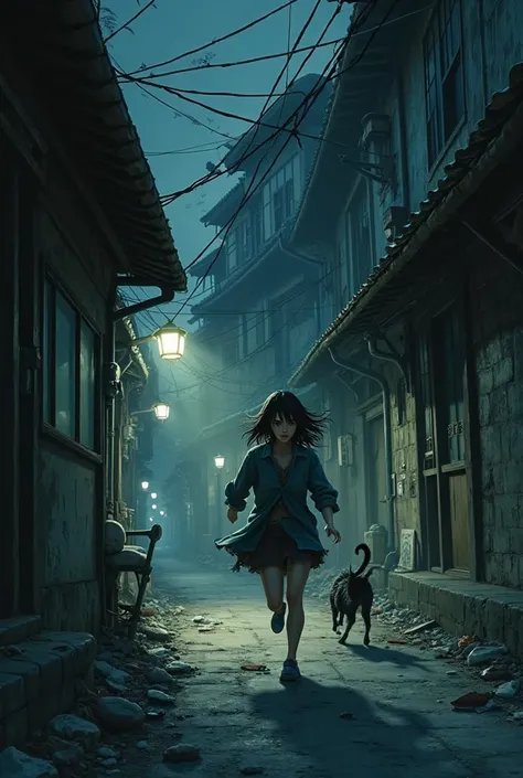 A woman runs after her ren through the streets of Japan at night, Creepy,  Scary atmosphere