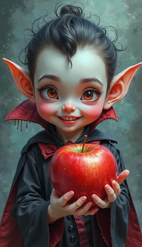 Color sketch. Happy cute vampire with an apple. High detail. Hyperrealism. Ideal correct anatomy. 16K. Mysticism.