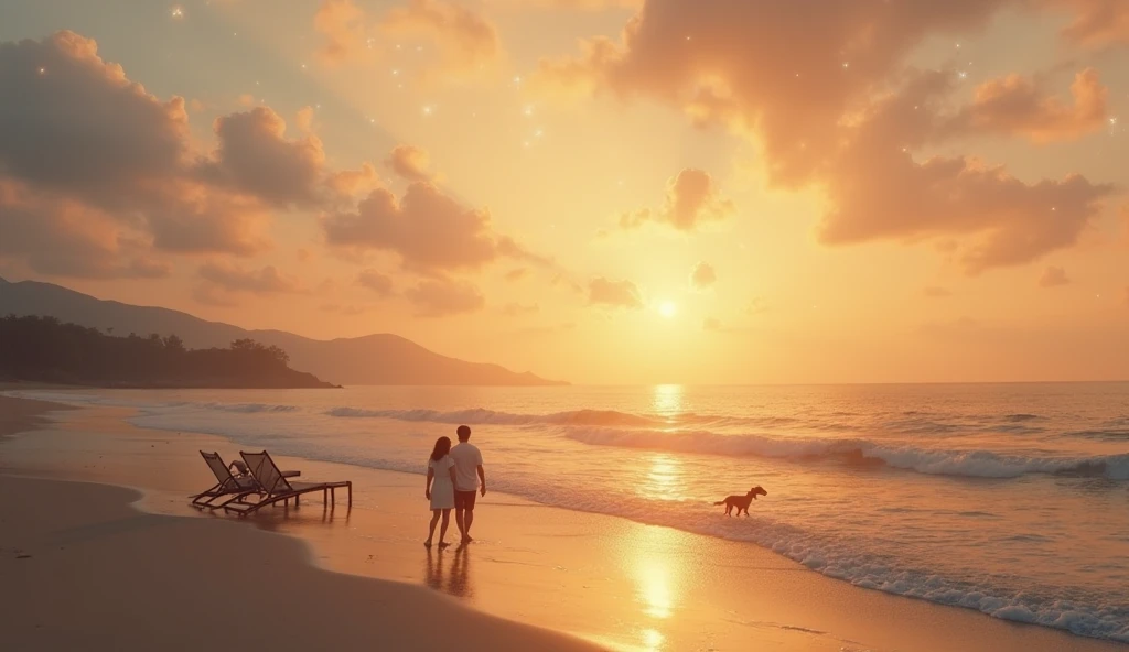 Create an ultra-high-definition, romantic and slightly melancholic image as a background for a song. The scene depicts a tranquil seaside during sunrise, with golden sunlight streaming through soft clouds. Gentle waves caress the shoreline, symbolizing the...