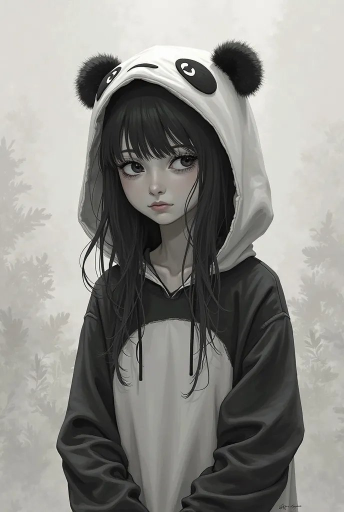 Make me a monotone drawing pfp of a depressed girl in a panda outfit, looking out into the distance