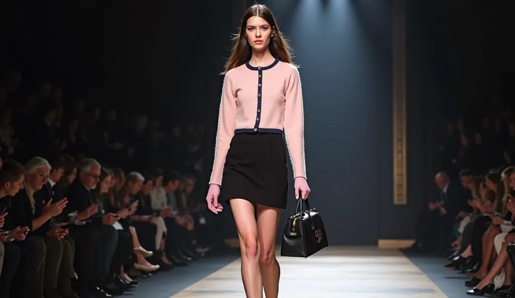 Female model wearing a light pink cropped cardigan with a contrasting dark trim (likely black) around the neckline and hem. It has visible buttons down the front.
Bottom: A short, fitted black skirt. It appears to be a simple, straight or slightly A-line s...