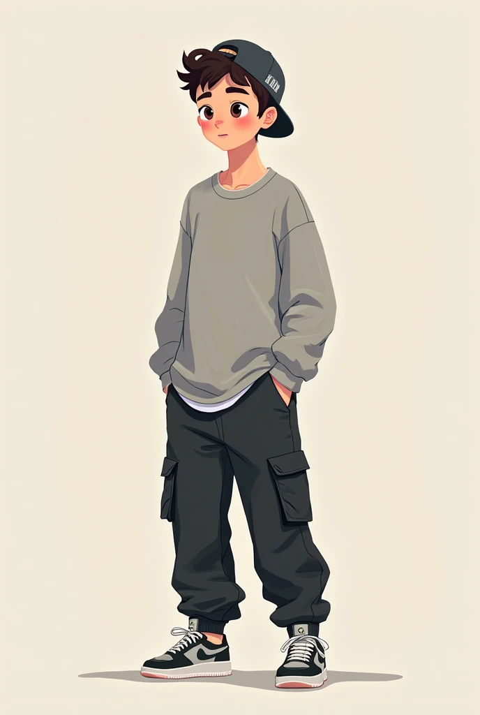 MAKE A 2D IMAGE OF A 19-YEAR-OLD BOY IN CARTOON FORMAT, APPEARING CALM AND PEACEFUL, WEARING NIKE SNEAKERS ON THE FOOT AND WIDE BLACK CARGO PANTS, AND A WIDE GRAY SWEATSHIRT, WITH A CAP ON MY HEAD