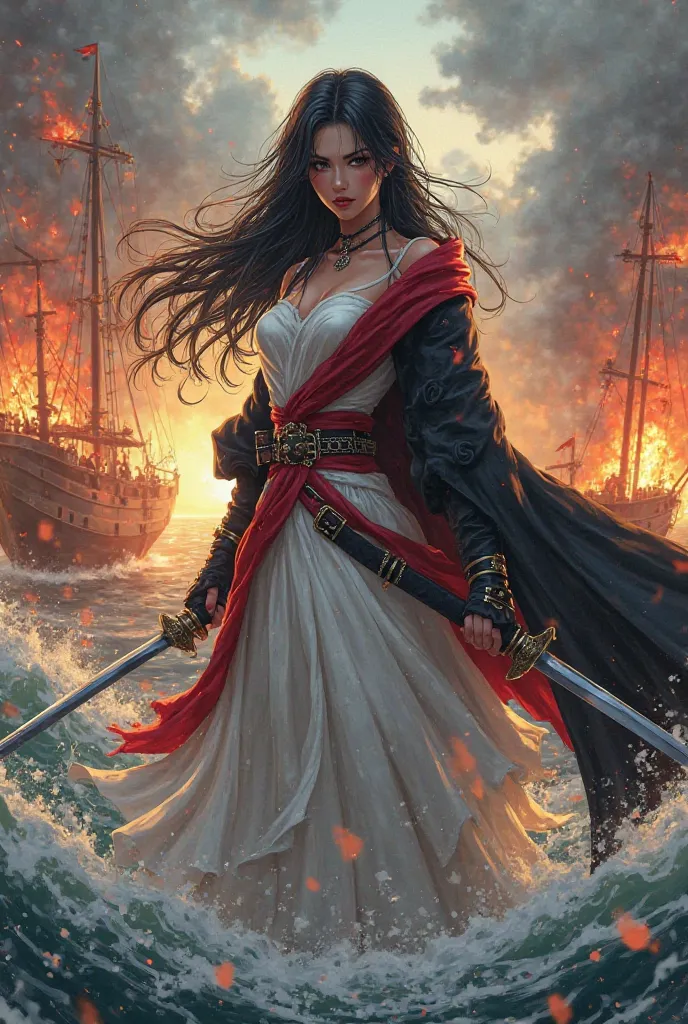 Anime style, pirate women with black long hair, two katanas in her hands, white dress with red shawl on waist, and black coat, around close to her burning ships on the sea 